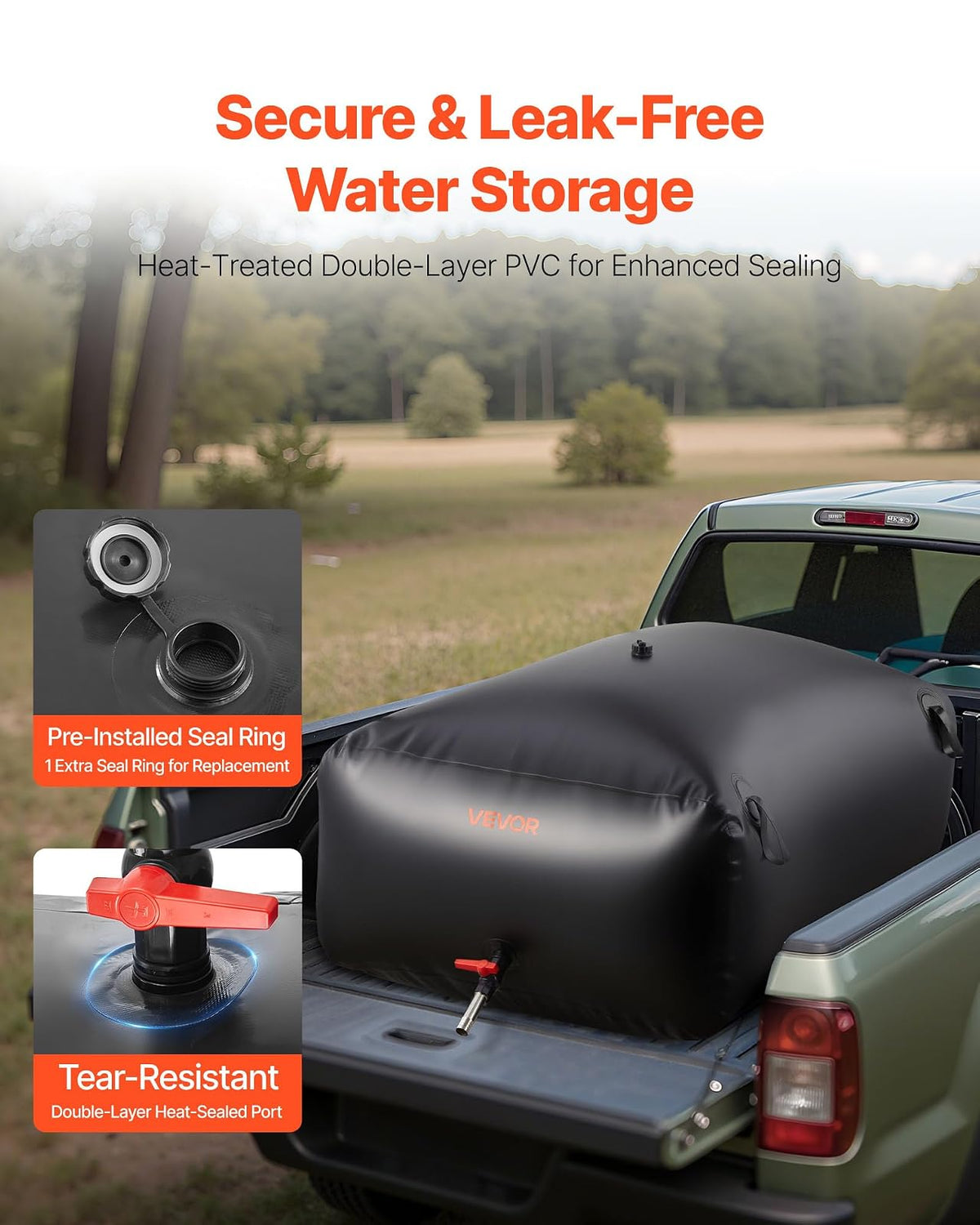 VEVOR ​Vejiga del Almacenamiento de Agua con Válvula 540 L, Bolsa de Agua de PVC Doble Capa 1000D, Portátil y Plegable, Resistente a Fugas, para Autocaravanas, Camiones, Uso en Exteriores, Negro
