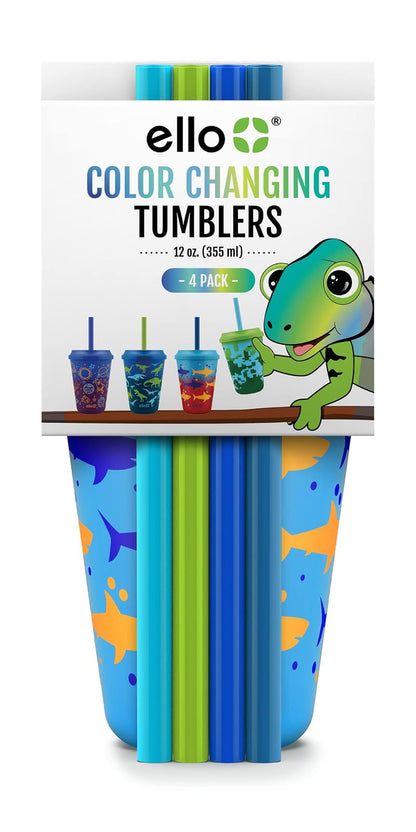Ello Kids - Vasos de plástico reutilizables que cambian de color con tapas giratorias a prueba de salpicaduras y popote, sin BPA, apto para lavaplatos, 12 onzas, selva tropical, paquete de 4
