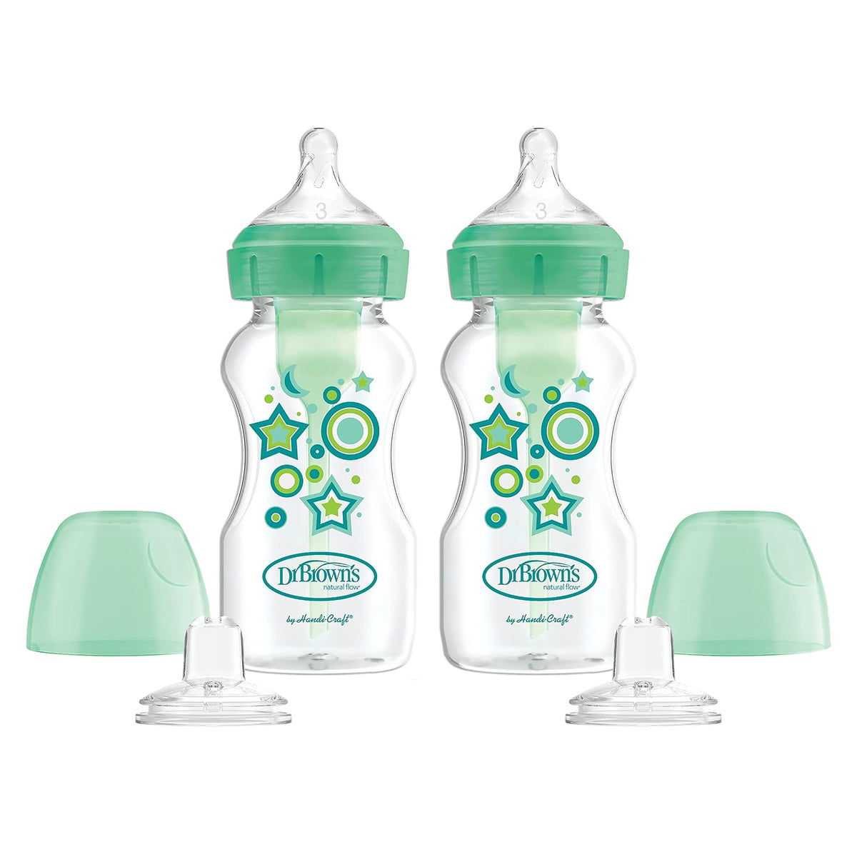 Dr. Brown's™ Options+™ Kit de iniciación de botellas de cuello ancho, pezones de nivel 3 con boquilla de transición, paquete de 2 9 onzas, verde, 6 meses +