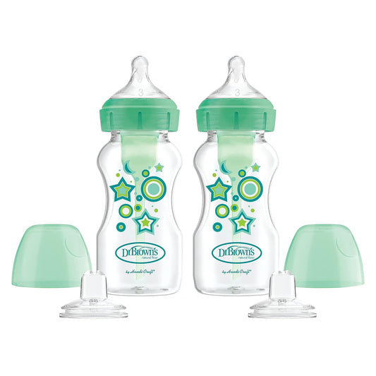 Dr. Brown's™ Options+™ Kit de iniciación de botellas de cuello ancho, pezones de nivel 3 con boquilla de transición, paquete de 2 9 onzas, verde, 6 meses +