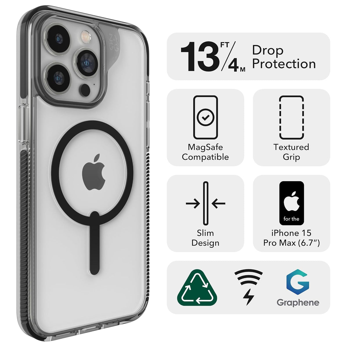 ZAGG Santa Cruz Snap - Funda para iPhone 15 Pro MAX, Funda para teléfono MagSafe, protección contra caídas (4 m), grafeno Duradero, antiamarillamiento y Resistente a los arañazos, Negro