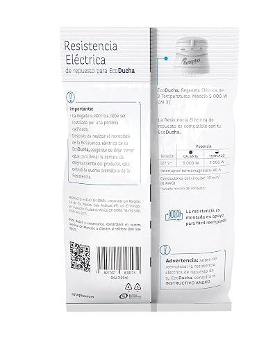 Resistencia eléctrica, Rotoplas, Repuesto para Regadera Eléctrica EcoDucha Modelo 5 000 W CM 3T, Voltaje 60 Hz, 127 V˜, Interruptor termomagnético: 40 A, Conductores del circuito: 10 mm2 (8 AWG).