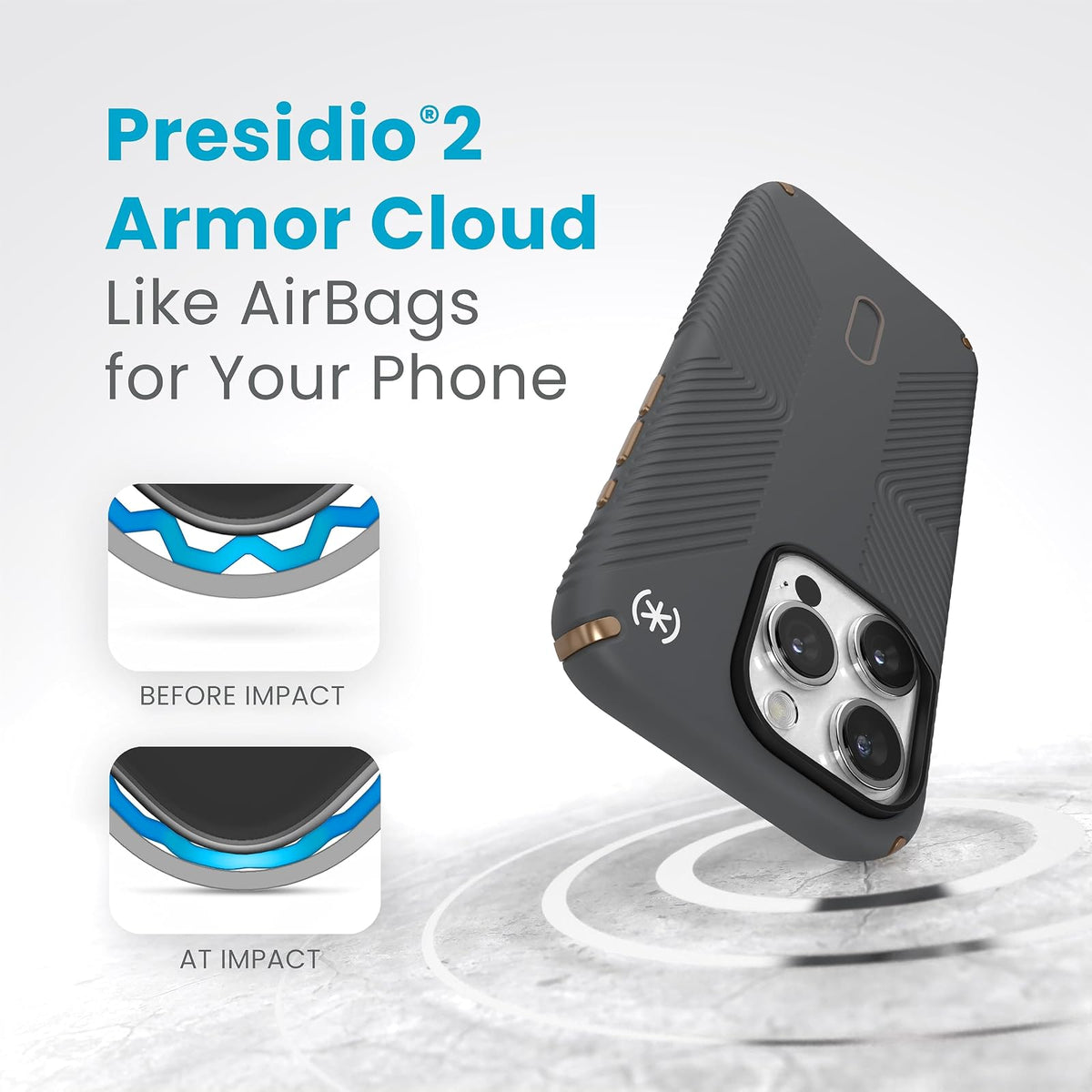 Speck - Funda para iPhone 15 Pro ClickLock con bloqueo antideslizante, construida para MagSafe, agarre de protección contra caídas, resistente a los arañazos, tacto suave, funda para teléfono de 6.1 pulgadas, agarre Presidio2 gris carbón/bronce frío/blanc