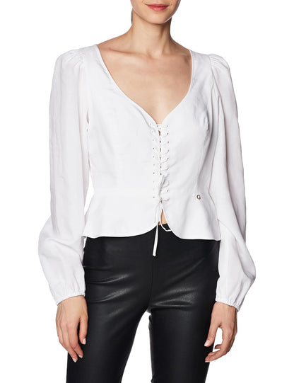 GUESS LS Federica Lace UP Top, Blanco