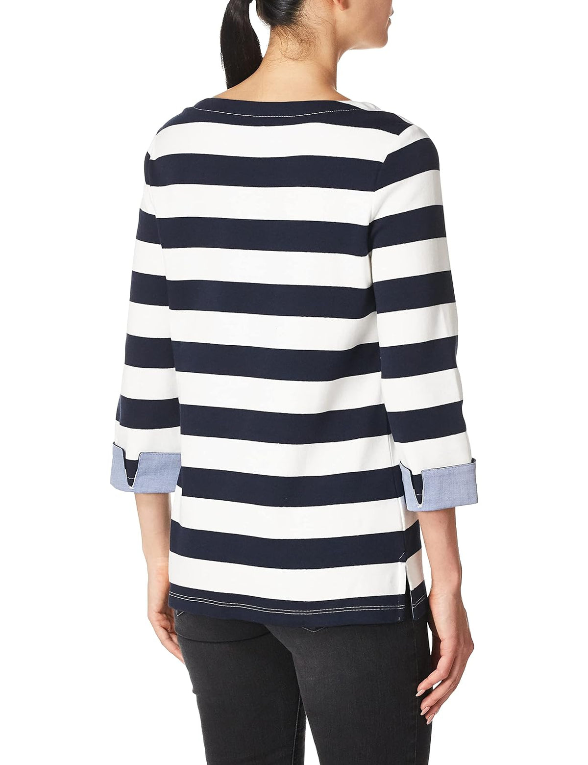 Nautica Playera de Manga 3/4 con Cuello de Barco de Rayas y sólidos, 100% algodón Camisa para Mujer