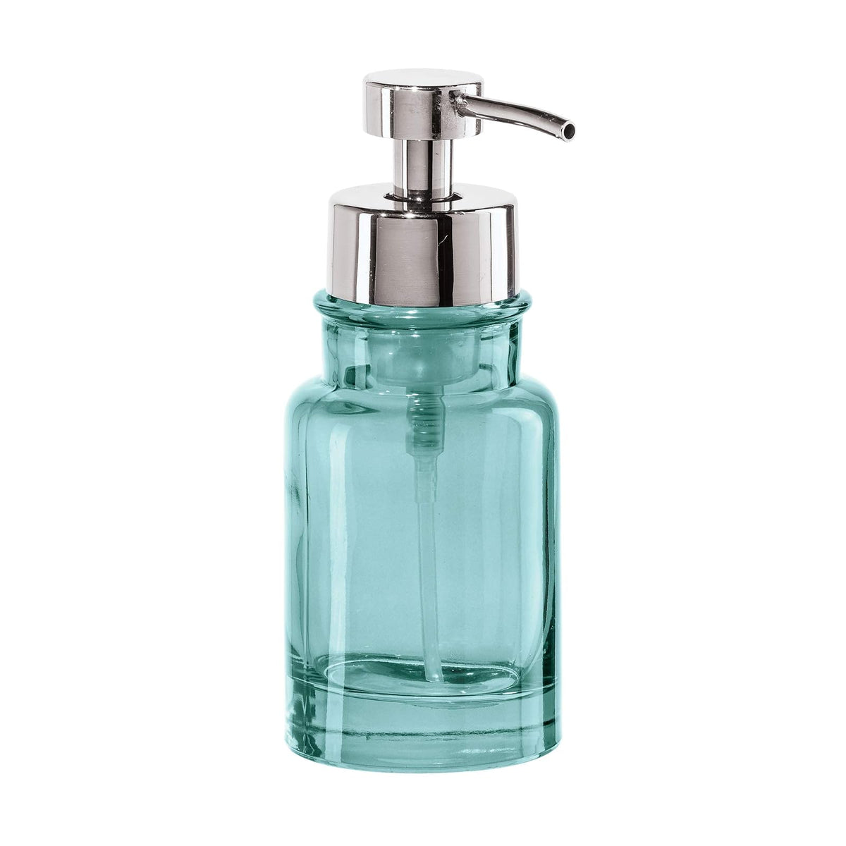 OGGI Dispensador de jabón espumante de vidrio – Capacidad de 10 onzas, redondo, vidrio pesado, elegante dispensador de jabón de manos rellenable, para baño y cocina, agua/cromo