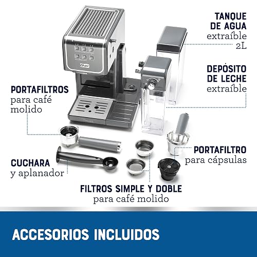 Oster Cafetera PrimaLatte 2 Touch con Panel Táctil y 19 Bar de Presión | Prepara espresso, cappuccino y latte, compatible con café molido, sobres E.S.E. y cápsulas Nespresso, Gris, BVSTEM6801M