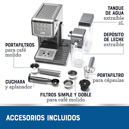Oster Cafetera PrimaLatte 2 Touch con Panel Táctil y 19 Bar de Presión | Prepara espresso, cappuccino y latte, compatible con café molido, sobres E.S.E. y cápsulas Nespresso, Gris, BVSTEM6801M