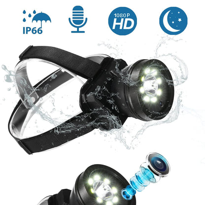 Cámara de Faros, Cámara de Manos Libres 1080P HD, Cámara Ajustable Montada Recargable con Linterna para Camping, Senderismo, Pesca, Camping-Negro