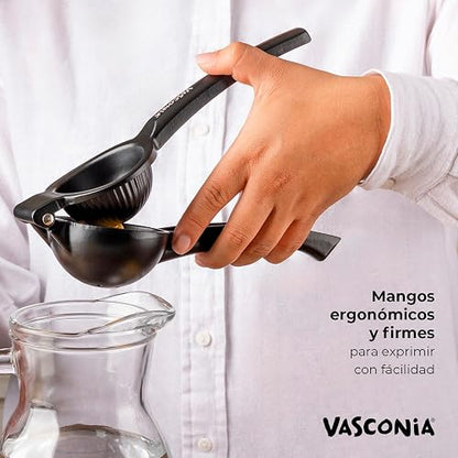 Vasconia | Exprimidor de Limones y Cítricos Esencial Aluminio Negro Mate | Aluminio anodizado, Exprime cítricos, Remache reforzado, Asas ergonómicas, Agarre cómodo, Fácil uso, Larga durabilidad