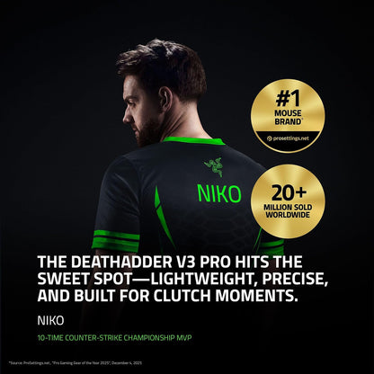 Razer DeathAdder V3 Pro Mouse Inalámbrico para Juegos: 64g Ultra Ligero - Sensor Óptico Focus Pro 30K - Interruptores Ópticos Gen-3 Rápidos - Inalámbrico HyperSpeed - 5 Botones Programables - Blanco