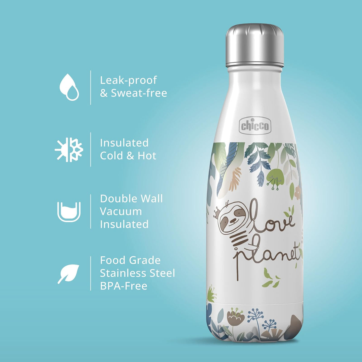 Chicco - Botella de agua aislada al aspiradora de doble pared de acero inoxidable, 17 onzas, acero inoxidable de grado alimenticio, apertura de boca ancha, a prueba de fugas y sin sudor, perezoso, más