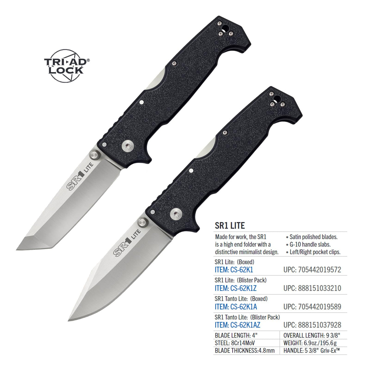 Cold Steel SR1 Lite 8Cr14MoV - Cuchillo plegable de acero de 4 pulgadas con mango Griv-Ex con mecanismo de bloqueo Tri-Ad, en caja