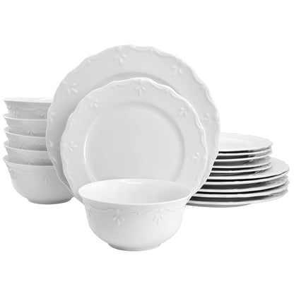 Elama Henryi Juego De Vajilla De Porcelana Blanca 18 Piezas | Con detalles de borde en relieve, reforzado