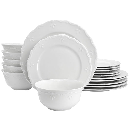 Elama Henryi Juego De Vajilla De Porcelana Blanca 18 Piezas | Con detalles de borde en relieve, reforzado