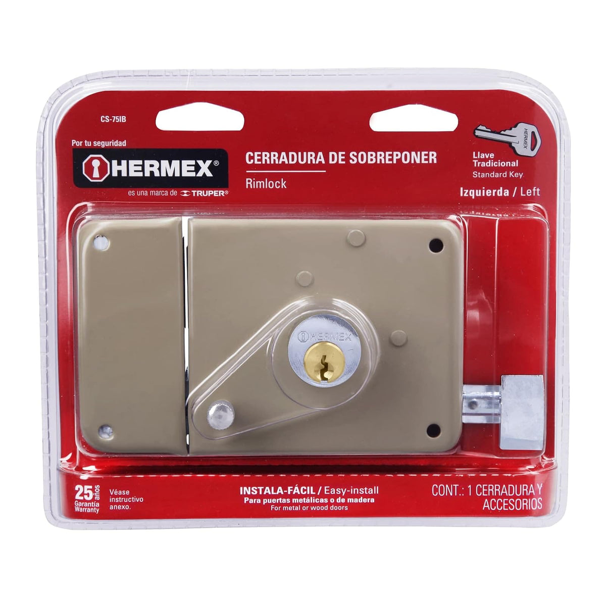 Hermex CS-75IB, Cerradura de sobreponer, clásica, instala-fácil, izq., blíster