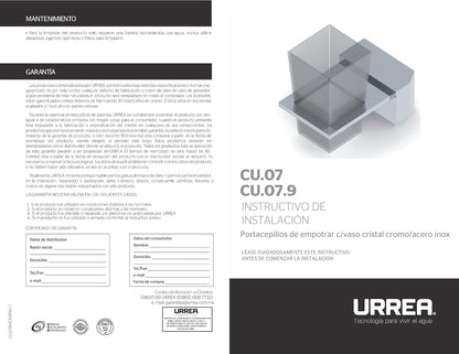 Urrea, Porta Cepillos de Empotrar con Vaso de Cristal, Modelo Quadro, Acabado Acero Inoxidable, CU.07.9