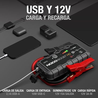 NOCO Boost GB70: Arrancador de batería de Auto 2000A – Booster de Litio portátil 12V, Power Bank y Cables para Pasar Corriente – para Motores de Gasolina hasta 8.0L y diésel hasta 6.0L