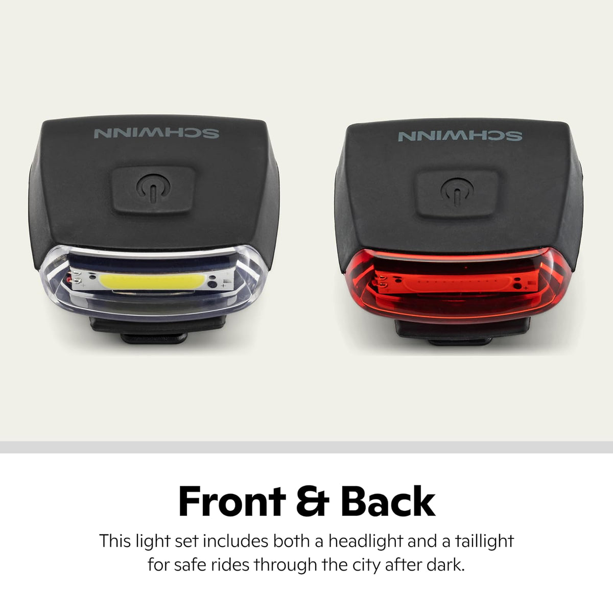Schwinn - Juego de Luces LED para Bicicleta, Faros Delanteros Recargables por USB y luz Trasera Que Funciona con Pilas, con Correa de Silicona de Montaje sin Herramientas, Pieza de Bicicleta y