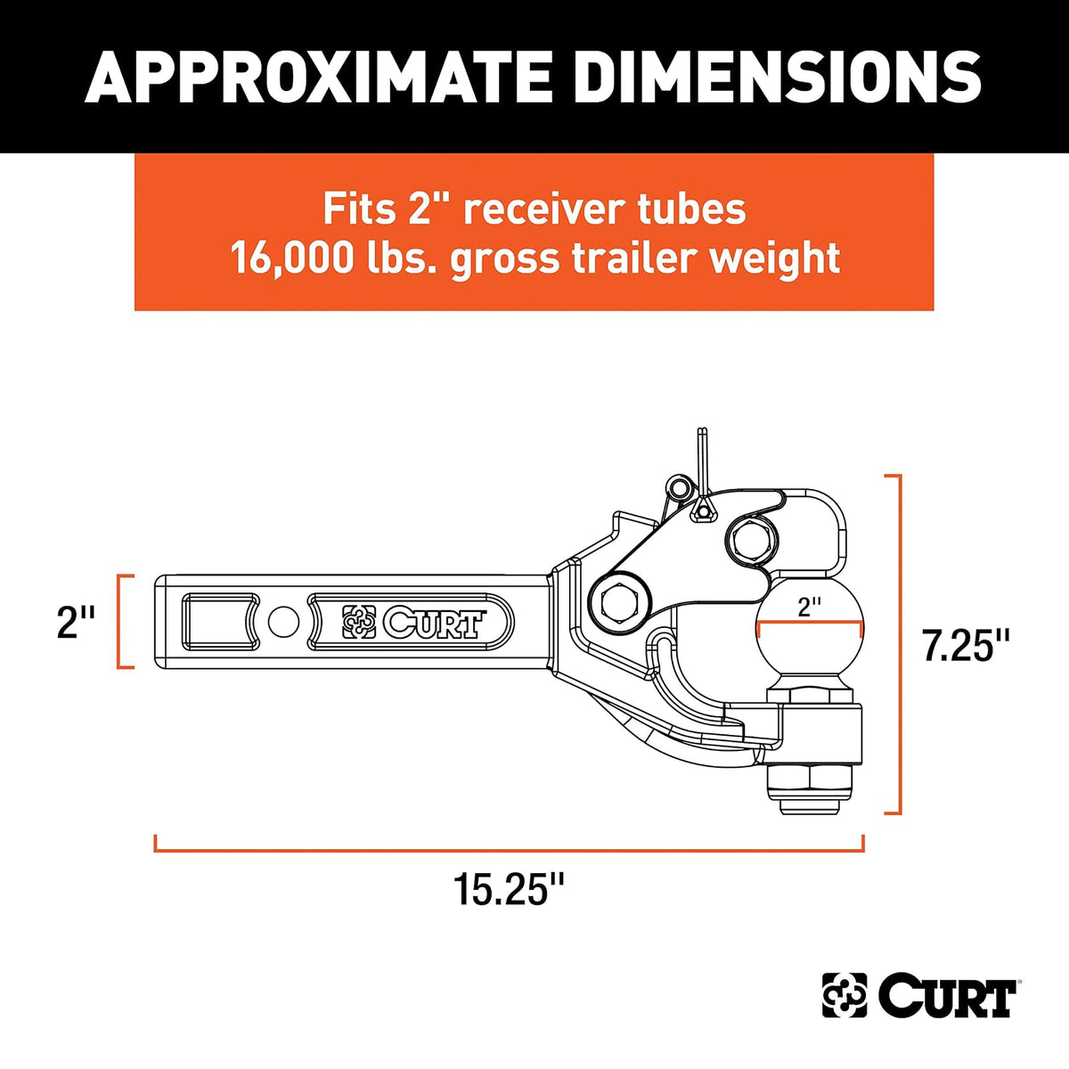 CURT Enganche con Bola de Remolque de 2 in 48007 para Receptor de 2 in, 16,000 LB, 15-1/4 in, Negro