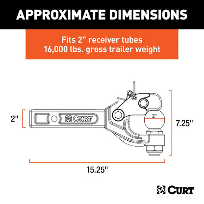CURT Enganche con Bola de Remolque de 2 in 48007 para Receptor de 2 in, 16,000 LB, 15-1/4 in, Negro