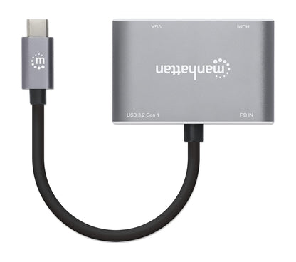 Adaptador USB C a HDMI 4K y VGA, Docking Station 4 en 1 con Puerto USB 3.0 y Carga PD 87W para MacBook Pro, Air, iPad, Laptop y Surface, Doble Salida de Video, Gris Espacial, Manhattan 130691