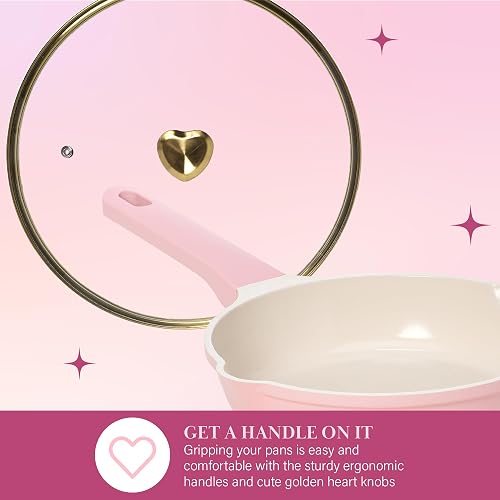Paris Hilton - Juego de utensilios de cocina antiadherentes de cerámica de aluminio fundido con revestimiento antiadherente de doble capa, perillas de corazón dorado, asas que se mantienen frescas,