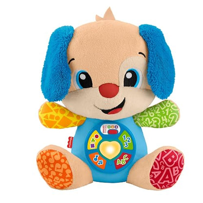 Fisher-Price Ríe y Aprende Perrito Aprende Conmigo 6+ Meses | Peluche musical; 5 botones, corazón iluminado y más de 80 canciones en español e inglés