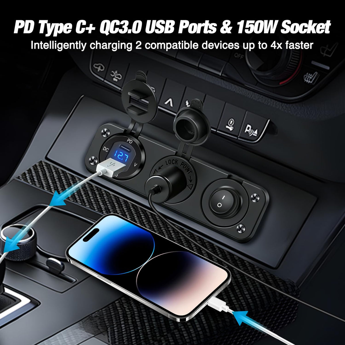 Nilight - Panel de Cargador 4 en 1 PD Tipo C y QC 3.0 Cargador USB con visualización de voltímetro LED y Encendedor de Cigarrillos e Interruptor de Corte de alimentación para Automóviles, Camiones, UTV,