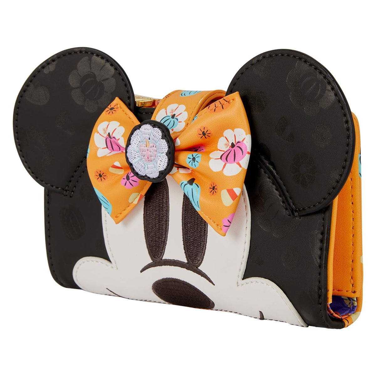 Loungefly Disney: Minnie Mouse - Floral Pumpkin - Cosplay Flap Wallet with 3D Bow - 7 Card Slots and ID Slot - Great for Kids & Adults - Collectible Wallets
