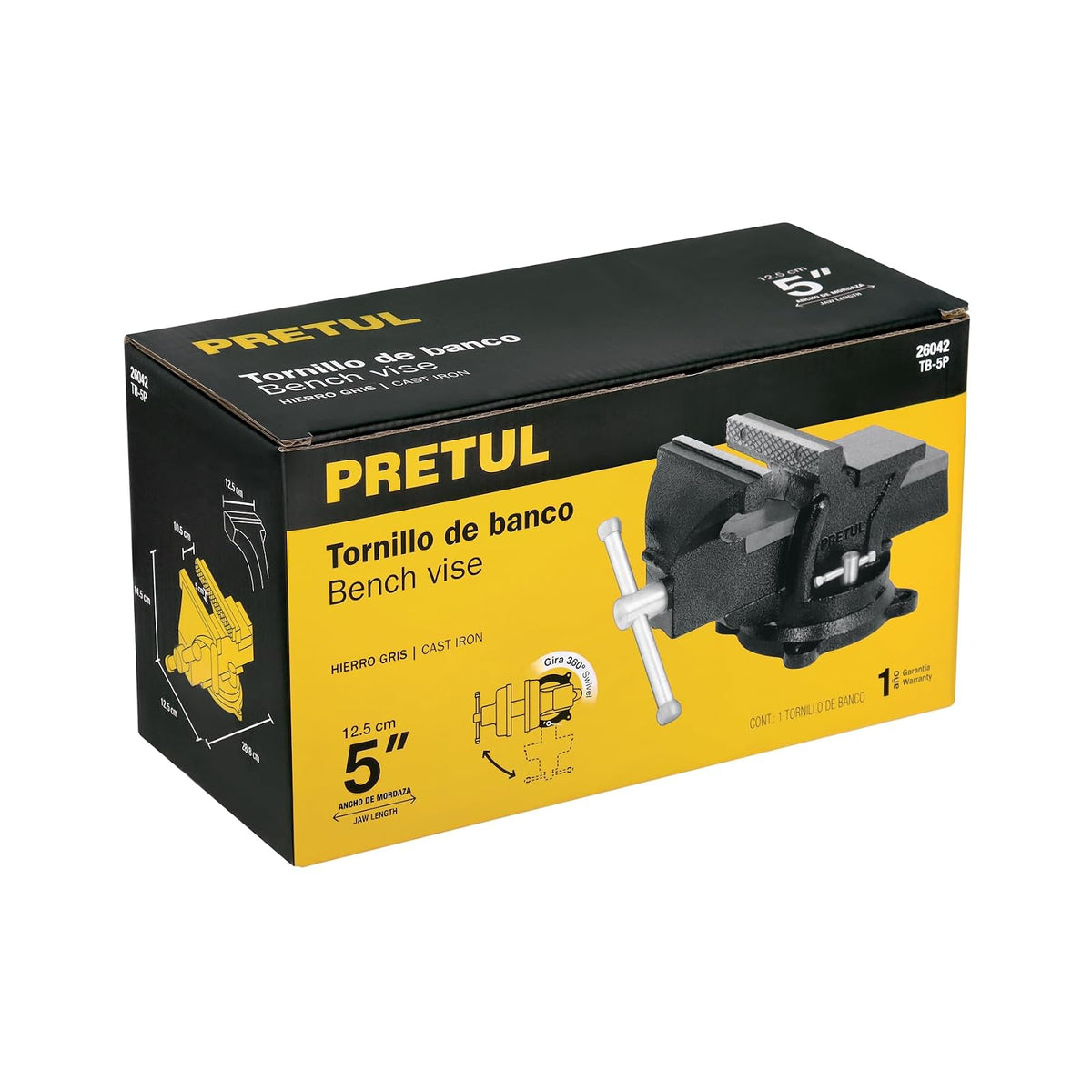Pretul TB-5P, Tornillos de banco, hierro gris, base giratoria 360°, 5"