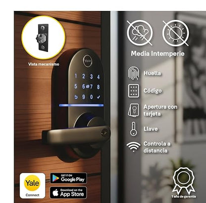 Yale Cerradura Inteligente Compact con Manija Biométrica Con Hub WiFi – Huella Dactilar, Código, Tarjeta, Llave y App – Color Negro – Compatible Puertas Madera y Metal