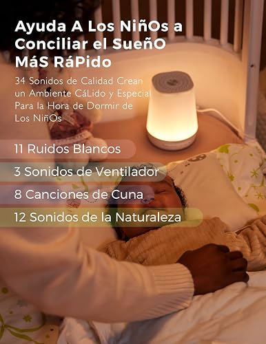 Máquina de sonidos para bebés Momcozy con Luz Nocturna | Entrenador de sueño para niños con 34 sonidos relajantes, temporizador, control por app, rutina de sueño, Blanco