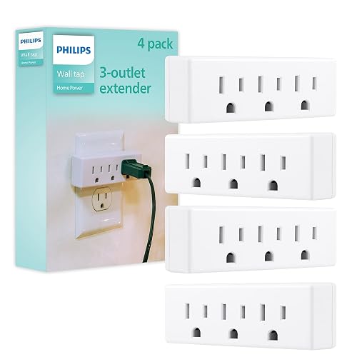 Philips SPS1632W/37 Extensor de 3 tomas, paquete de 4, llave de pared con conexión a tierra, adaptador de 3 puntas, enchufe múltiple, divisor de alimentación, cruise Essentials, uso para oficina en