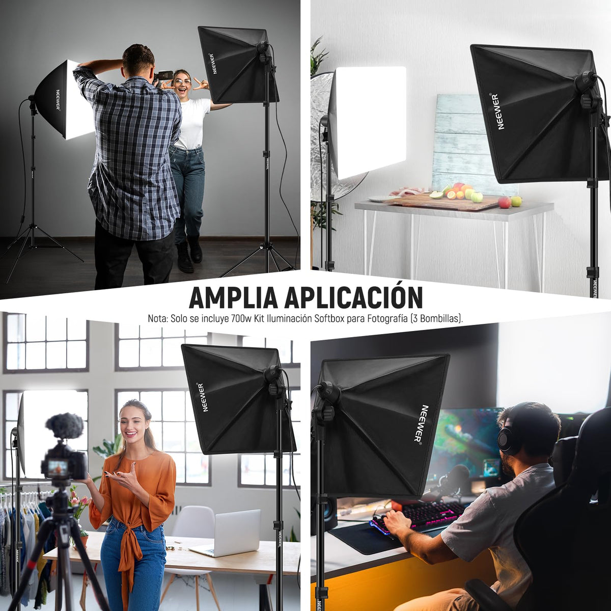 Neewer Kit de iluminación de Caja de luz Equivalente a 700 W, Paquete de 3 Bombillas LED con certificación UL de 5700 K, Cajas de luz de 24 x 24 Pulgadas con Enchufe E26, Kit de iluminación Continua