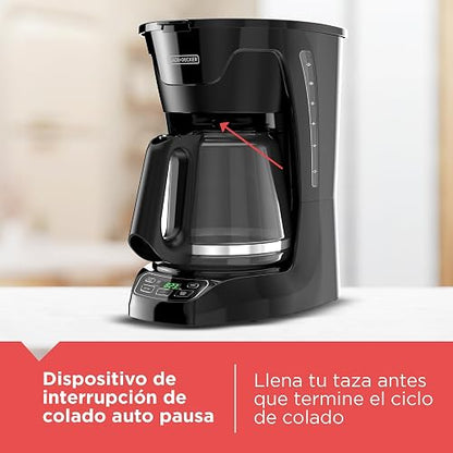 Black+Decker Cafetera Programable 12 Tazas con Filtro Permanente, CM1110B | Panel digital para programar la hora de tu café con sistema de goteo Vortex y jarra de vidrio