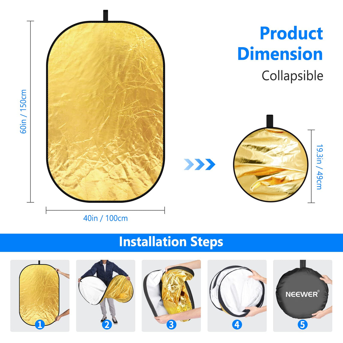 NEEWER 40"x60"/100x150cm Light Reflectors para Fotografía | 5 in 1 Plegable Multi Disc con Bolsa, Translucent, Plateado, Dorado, Negro, Blanco Difusor, para Studio, Iluminación Exterior