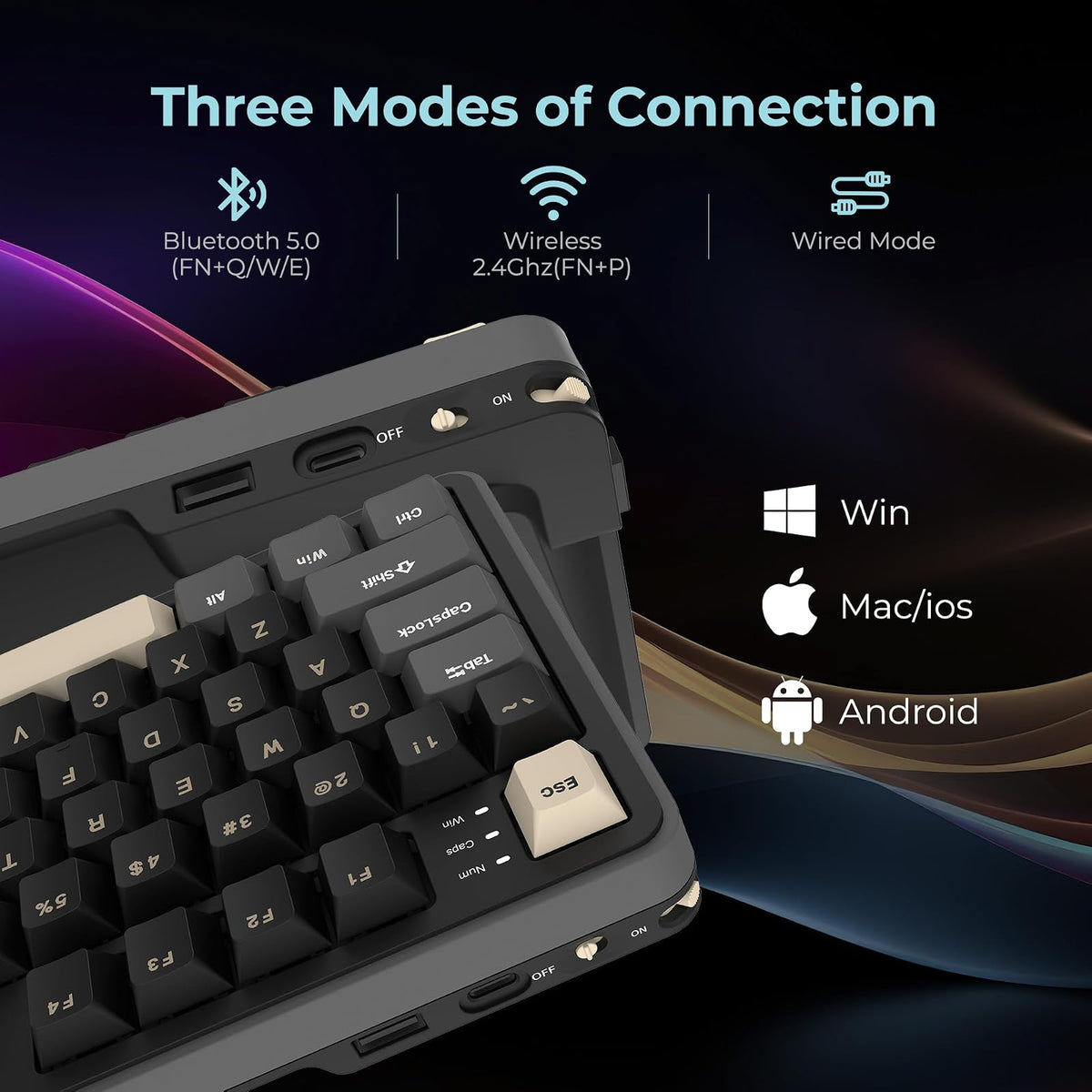 Rosewill Neon S96 Teclado mecánico inalámbrico para Juegos, diseño de 98 Teclas con Perilla de Volumen, Bluetooth / 2.4 GHz/USB-C, interruptores Azules Intercambiables en Caliente, retroiluminación