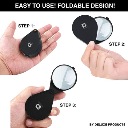 Deluxe Products Lupa de Bolsillo Plegable, diseño Compacto portátil para Viajes, y Lente de Vidrio de 2.5 Pulgadas con Aumento 4X para Leer Impresiones pequeñas y Aficionados, Color Negro, DP-7016