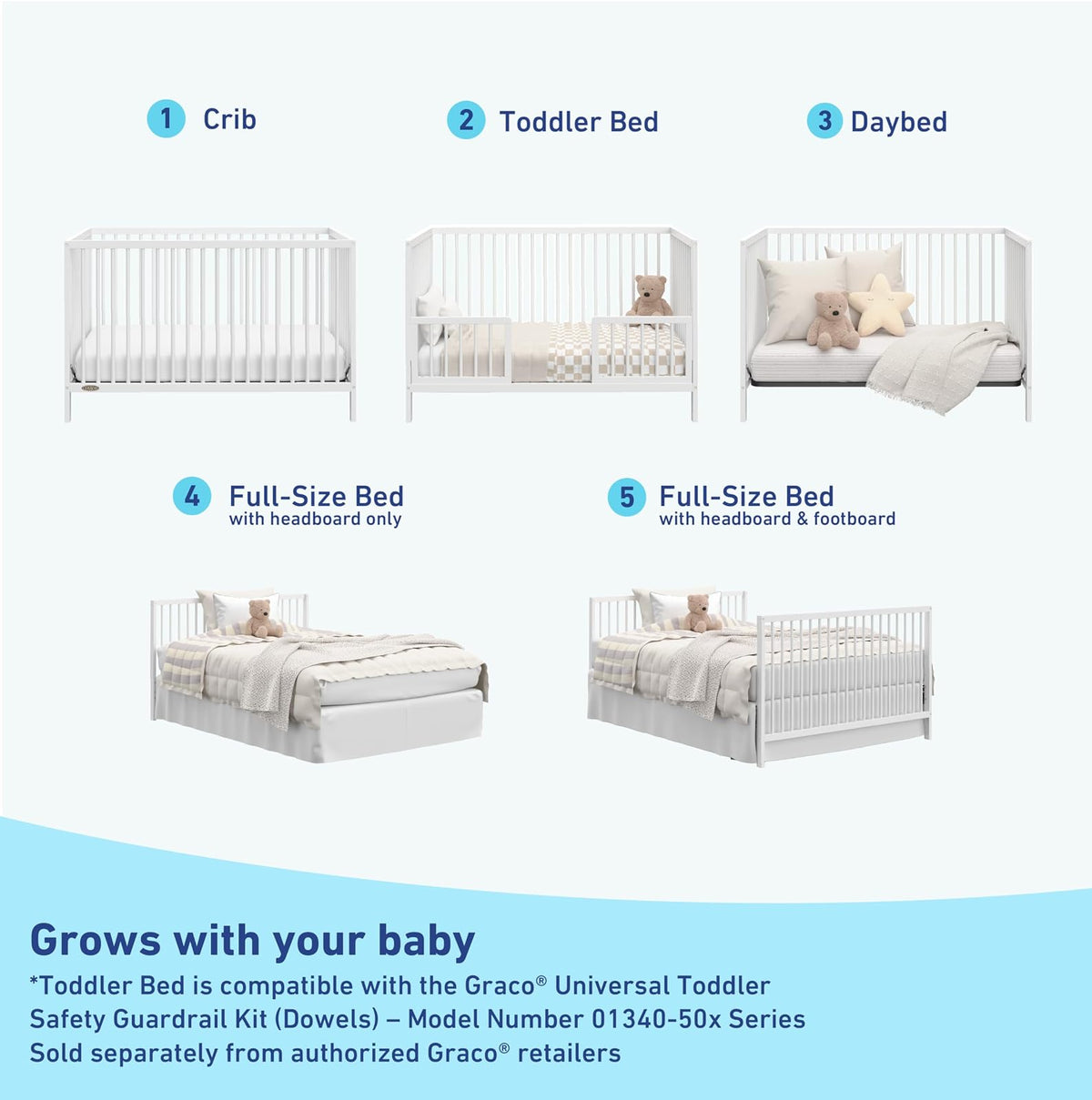 Graco Teddi Cuna Convertible 5 en 1 (Blanco) - Certificación GREENGUARD Gold, se Convierte en sofá Cama, Cama para niños pequeños y Cama Individual con cabecera y piecera, Altura de colchón Ajustable