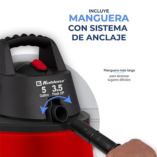 Koblenz SM-5 Aspiradora Seco Mojado 3 en 1 con Sistema de Expulsión de Aire, Devoradora con Capacidad de 5 Galones, Motor de 3.5 HP Pico, Aspiradora para Hogar y Taller, Aspira Agua y Vidrios