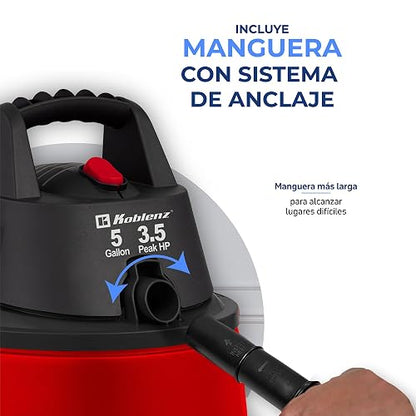 Koblenz SM-5 Aspiradora Seco Mojado 3 en 1 con Sistema de Expulsión de Aire, Devoradora con Capacidad de 5 Galones, Motor de 3.5 HP Pico, Aspiradora para Hogar y Taller, Aspira Agua y Vidrios