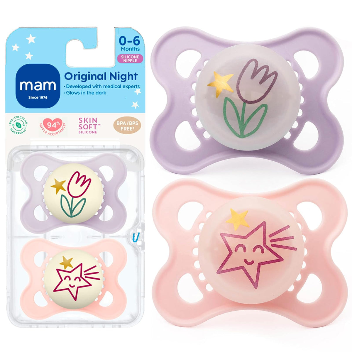 MAM Glow in the Dark Night Orthodontic Pacifier, Girl, 0-6 Months, 2-Count