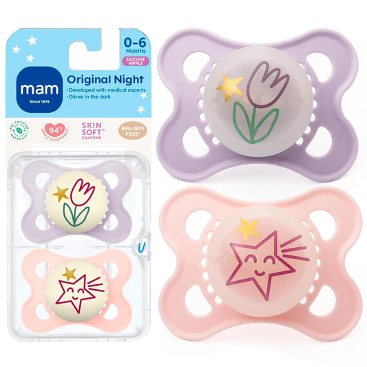 MAM Glow in the Dark Night Orthodontic Pacifier, Girl, 0-6 Months, 2-Count