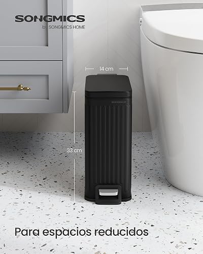SONGMICS Cubo de Basura para Baño, 6 L, con Tapa, Acero Inoxidable | Basurero Delgado para Espacios Pequeños, Negro, Colección PATIA MLTB563B02