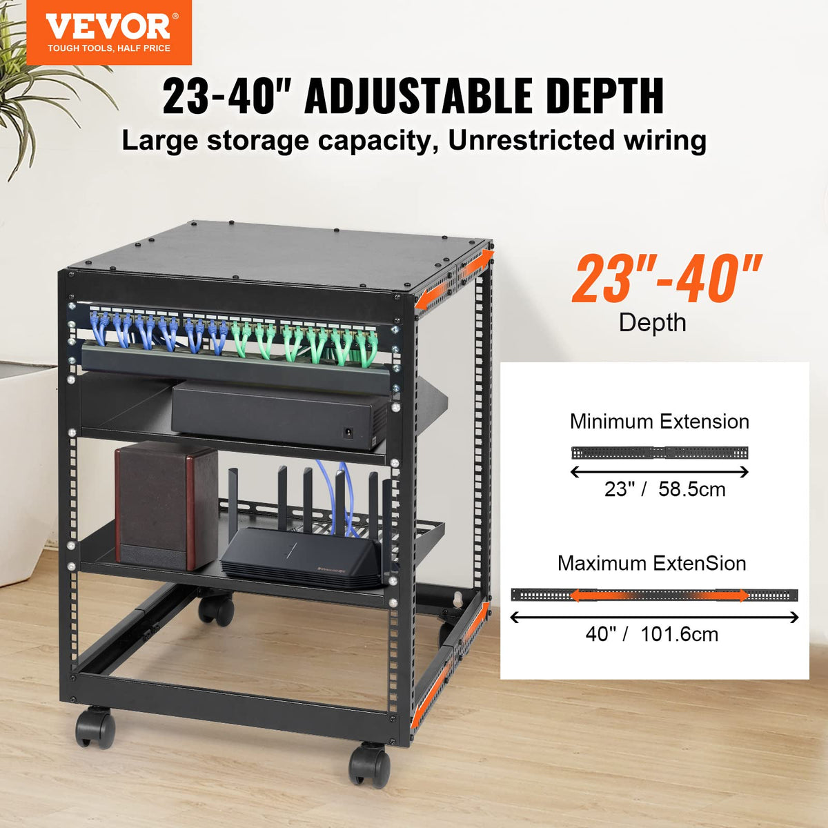 VEVOR Bastidor de Servidor de Marco Abierto de 12 U de Profundidad Ajustable de 584,2 a 1016 mm, Bastidor de Servidor de Red con Ruedas de 360° y 4 Postes para Equipos de Red, Equipos AV, Enrutador