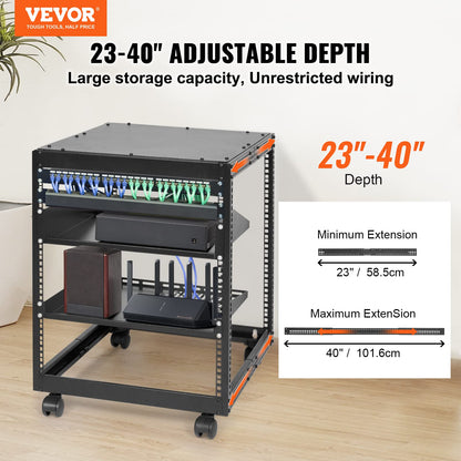 VEVOR Bastidor de Servidor de Marco Abierto de 12 U de Profundidad Ajustable de 584,2 a 1016 mm, Bastidor de Servidor de Red con Ruedas de 360° y 4 Postes para Equipos de Red, Equipos AV, Enrutador