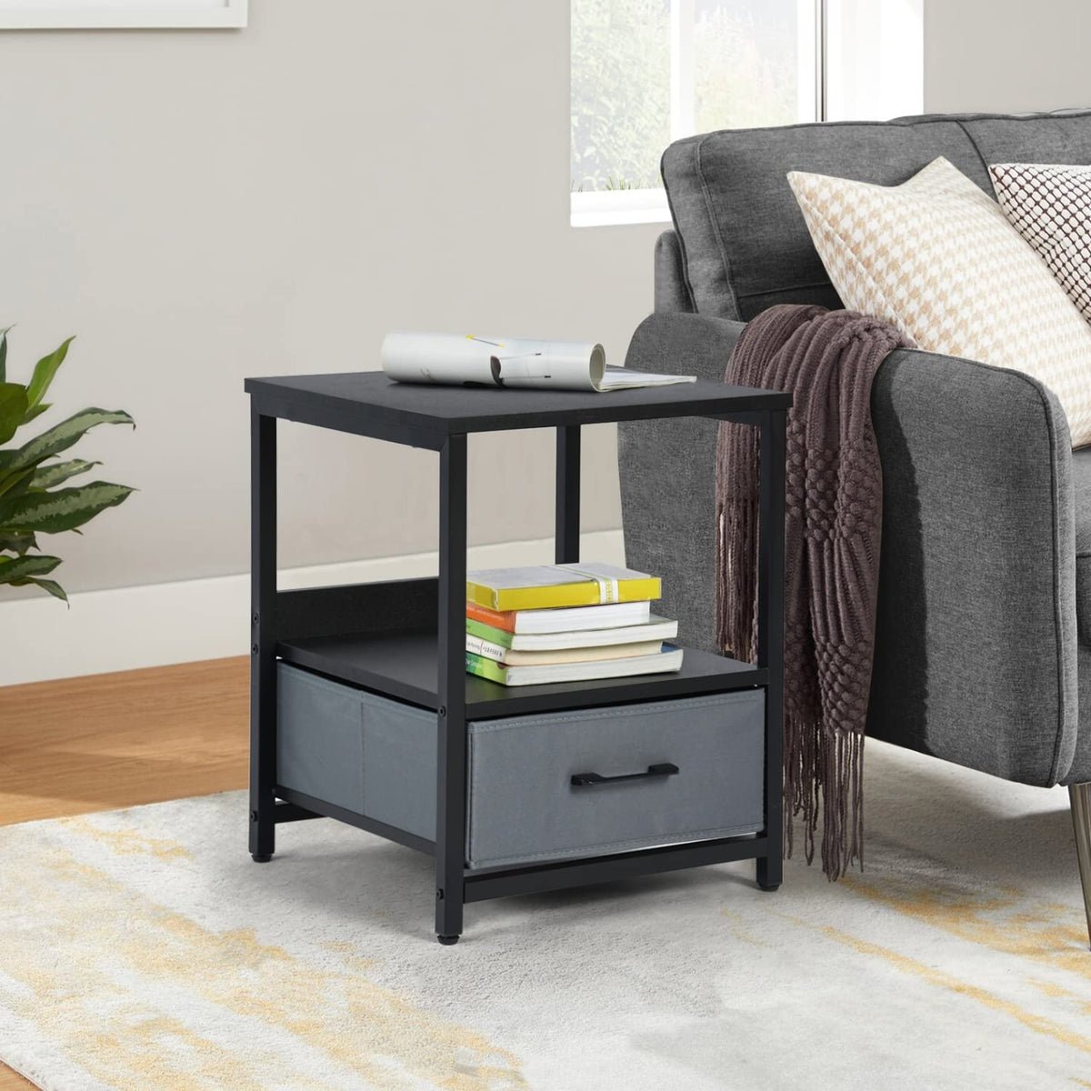 Lösen Mesita de Noche Cuadrada Mesita Auxiliar Se Puede Usar En Dormitorio Sala de Estar con Cajón de Bolsa de Tela Gris (Negro)