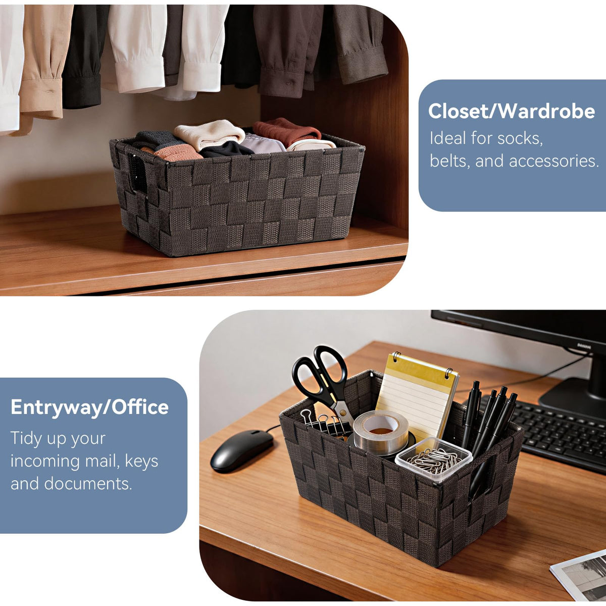 Whitmor - Cesta tejida pequeña para estante, Espresso, 1 | Espresso, 1 pieza, 11.42"x6.5"x4.53", tejido polipropileno, manijas integradas