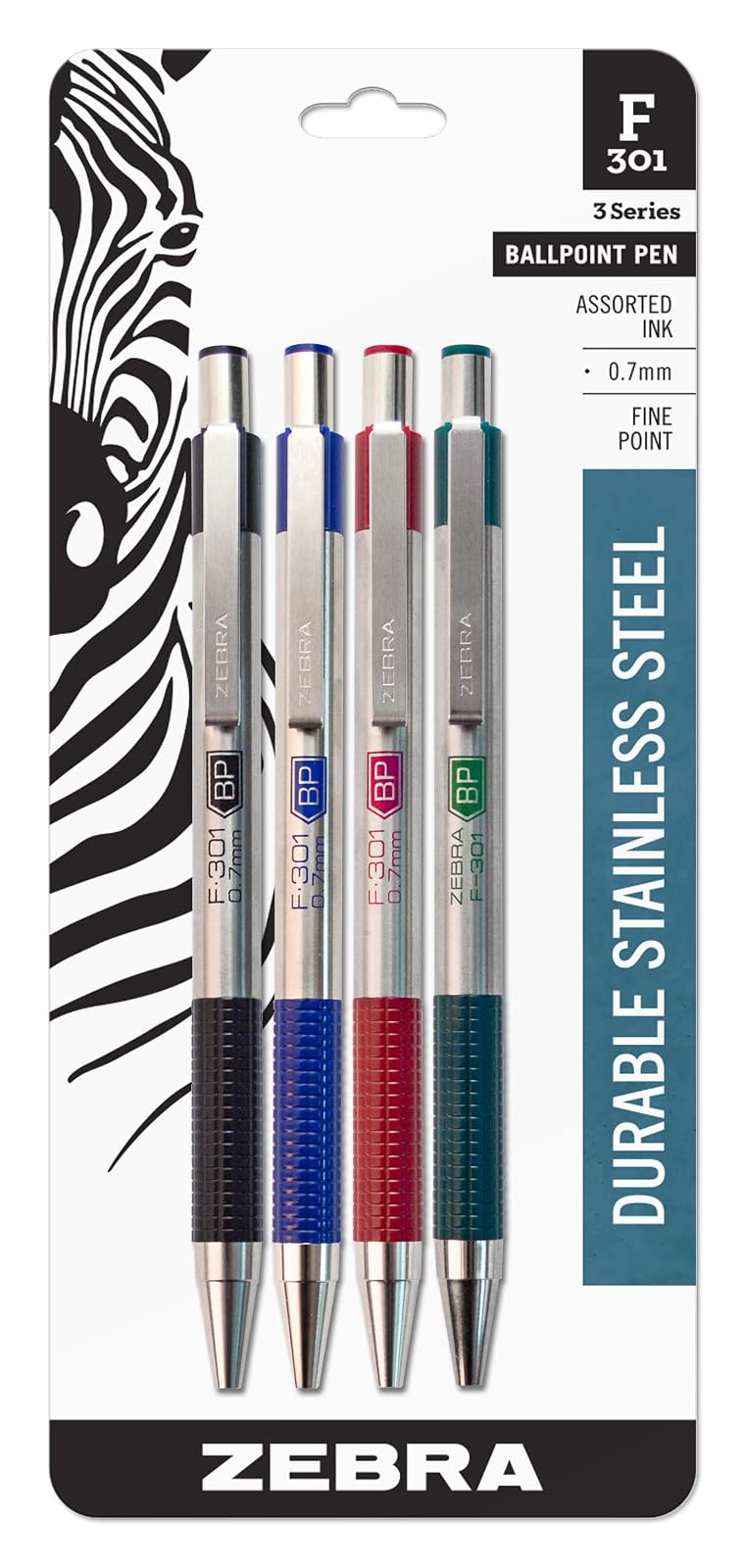 Zebra F-301 Bolígrafo retráctil de acero inoxidable, punta fina, 0,7 mm, tinta surtida, 4 unidades: negro, azul, verde, rojo